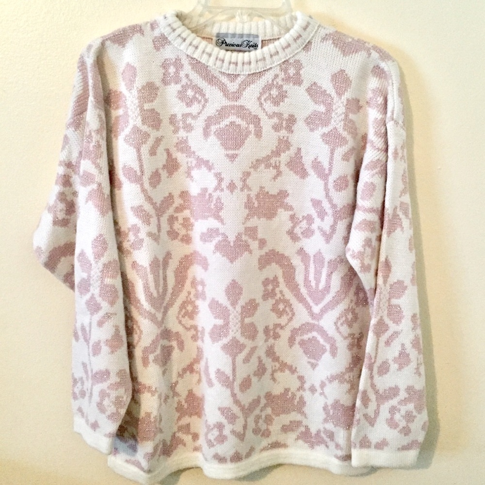 Vintage 90s Precious Knits Sparkle Glitter Floral Sweater Pink M EUC
